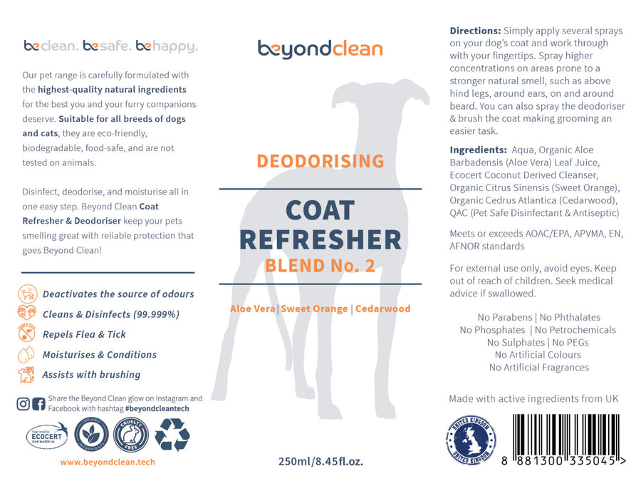 BEYOND CLEAN<br>Natural 99.999% Disinfecting<br>Dog/Cat Deodorising Coat Refresher
