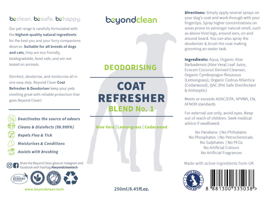 BEYOND CLEAN<br>Natural 99.999% Disinfecting<br>Dog/Cat Deodorising Coat Refresher