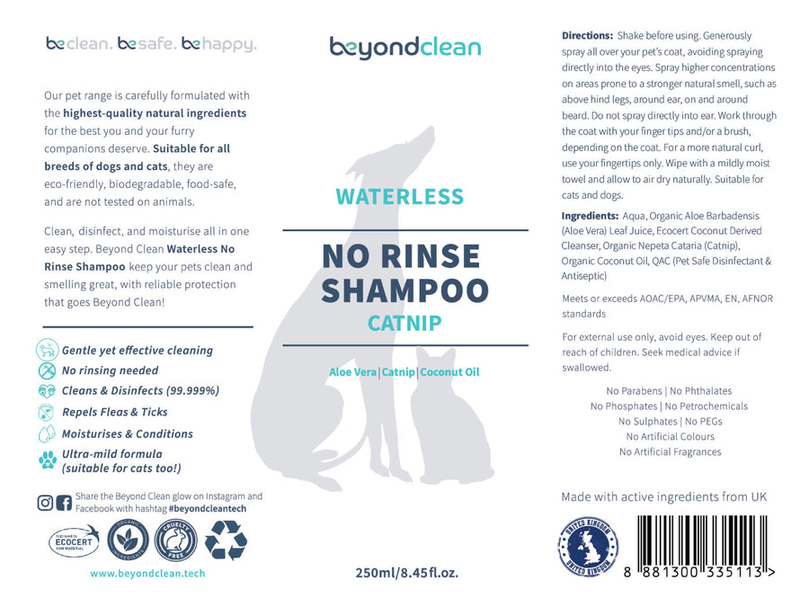 BEYOND CLEAN<br>Natural 99.999% Disinfecting<br>Dog/Cat Waterless No-Rinse Shampoo