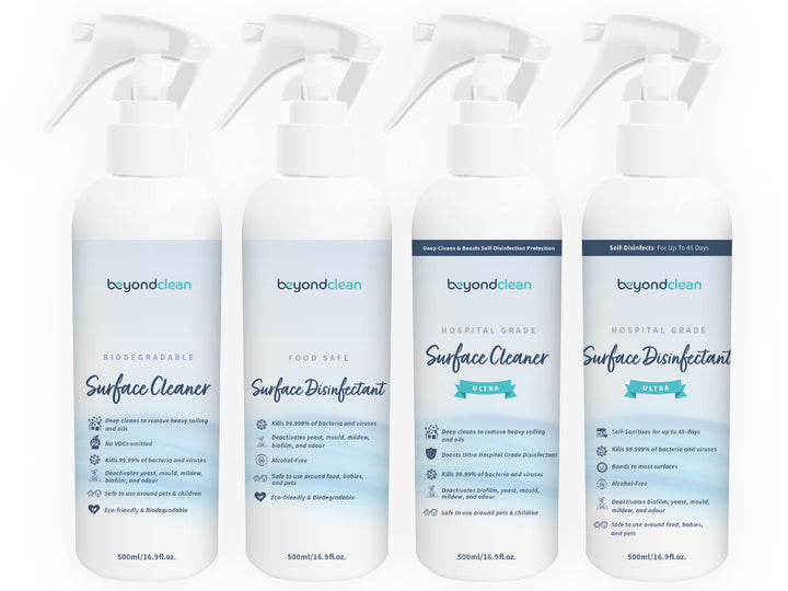 BEYOND CLEAN<br>Natural 99.999% Disinfecting<br>Pet/Human/Home Surface Cleaners & Disinfectants